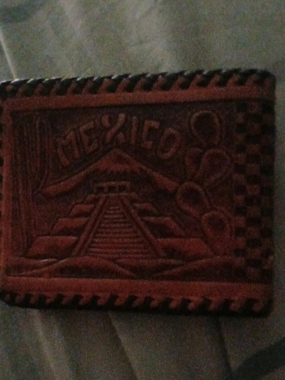 Mexico Hand-Tooled Leather Wallet with Mexico Pyramid Design - Brown